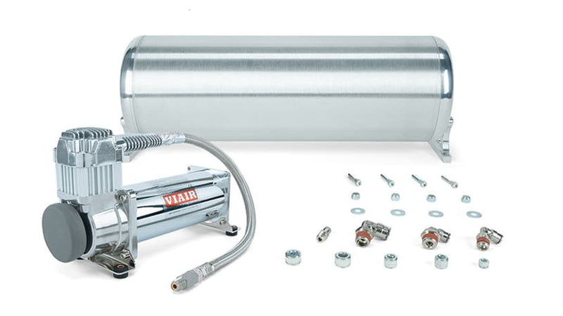 18" chrome FLO air tank and chrome VIAIR compressor with fittings and mounting hardware