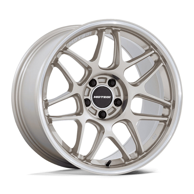 Motegi model Tsubake automotive wheel in motorsports gold with a machined lip and black motegi logo center cap