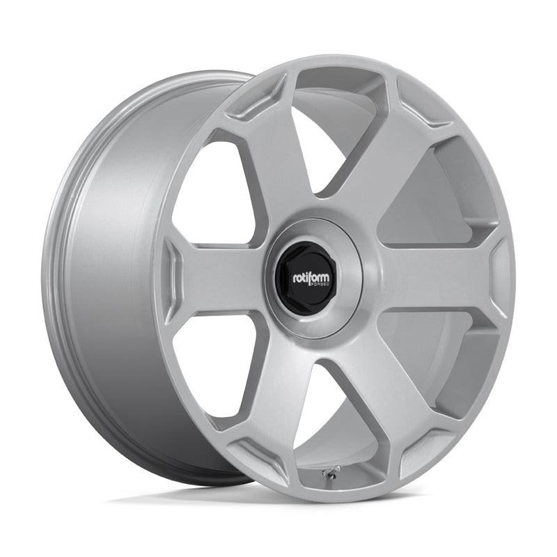  Rotiform AVS six spoke automotive wheel in gloss silver with black Rotiform logo center cap