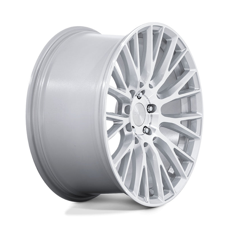 Side view of Rotiform's model LSE vehicle wheel with a mesh Y spoke design in a gloss silver finish with a machined face.