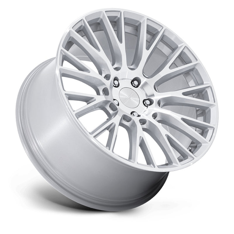 Tilted side view of Rotiform's model LSE vehicle wheel with a mesh Y spoke design in a gloss silver finish with a machined face.