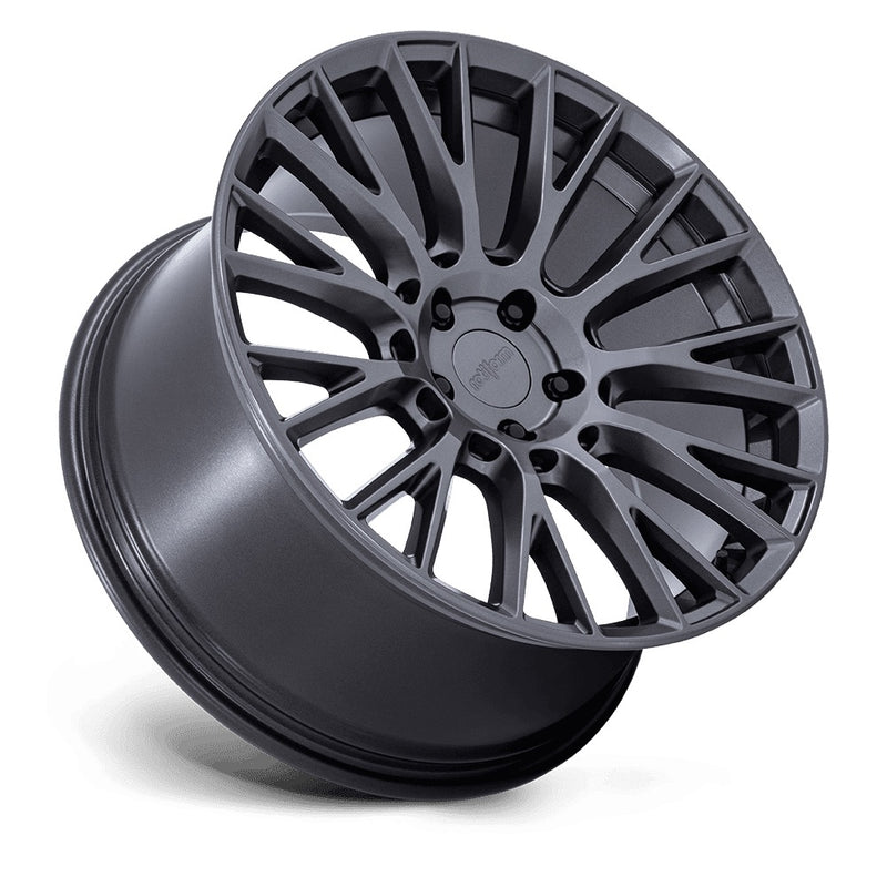 Tilted side view of Rotiform's model LSE vehicle wheel with a mesh Y spoke design in a matte anthracite finish.