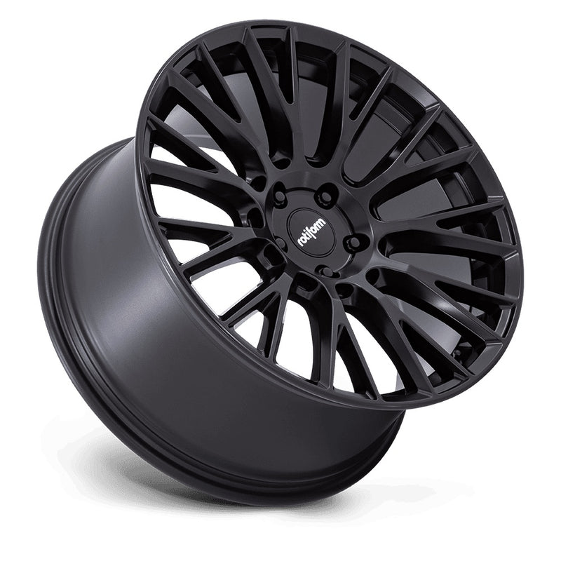 Tilted side view of Rotiform's model LSE vehicle wheel with a mesh Y spoke design in a satin black finish.
