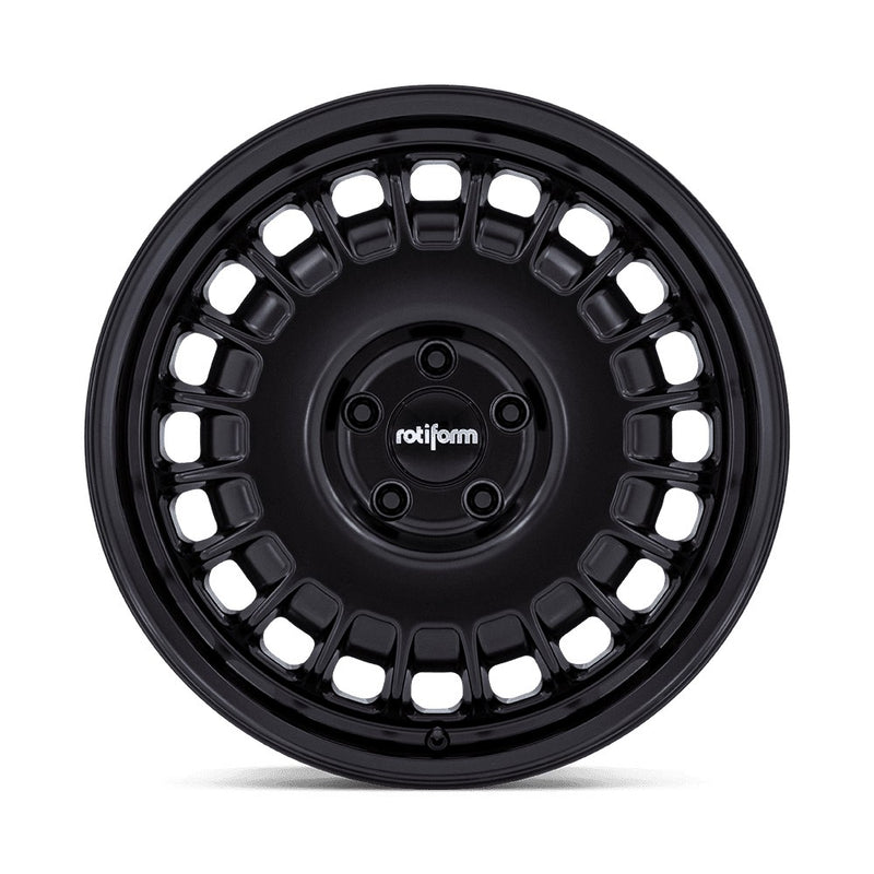 Front face view of a Rotiform PMF model vehicle road wheel in matte black with a silver Rotiform logo on center cap.