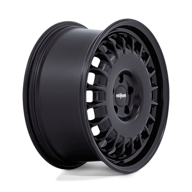 Sideview of a Rotiform PMF model vehicle road wheel in matte black with a silver Rotiform logo on center cap