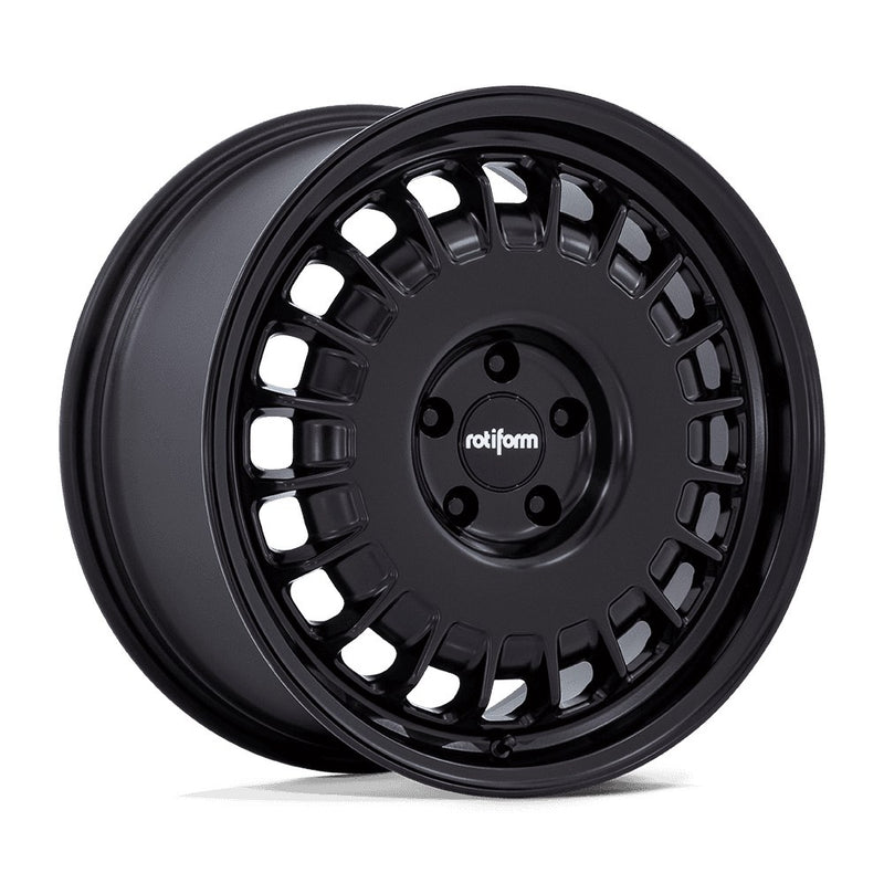 A Rotiform PMF model vehicle wheel in matte black with a silver Rotiform logo on the center cap