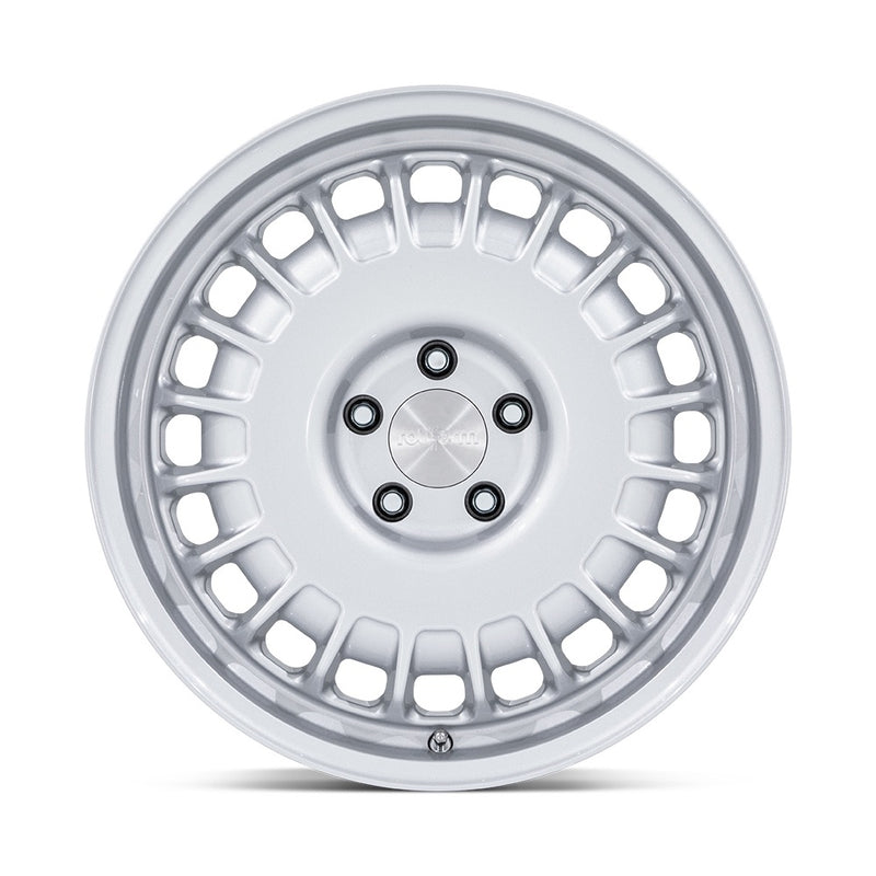 Front view of the face of a Rotiform PMF model vehicle wheel in gloss silver