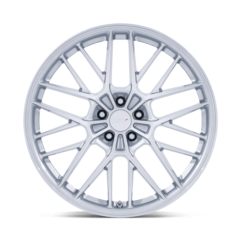 Front view of a TSW model Daytona vehicle wheel in gloss silver with split spoke design.