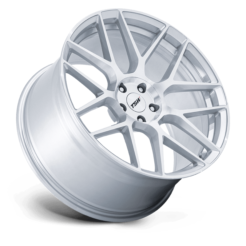 Tilted side view of a TSW Lasarathe 7 Y spoke vehicle aluminum wheel in a gloss silver machined finish.