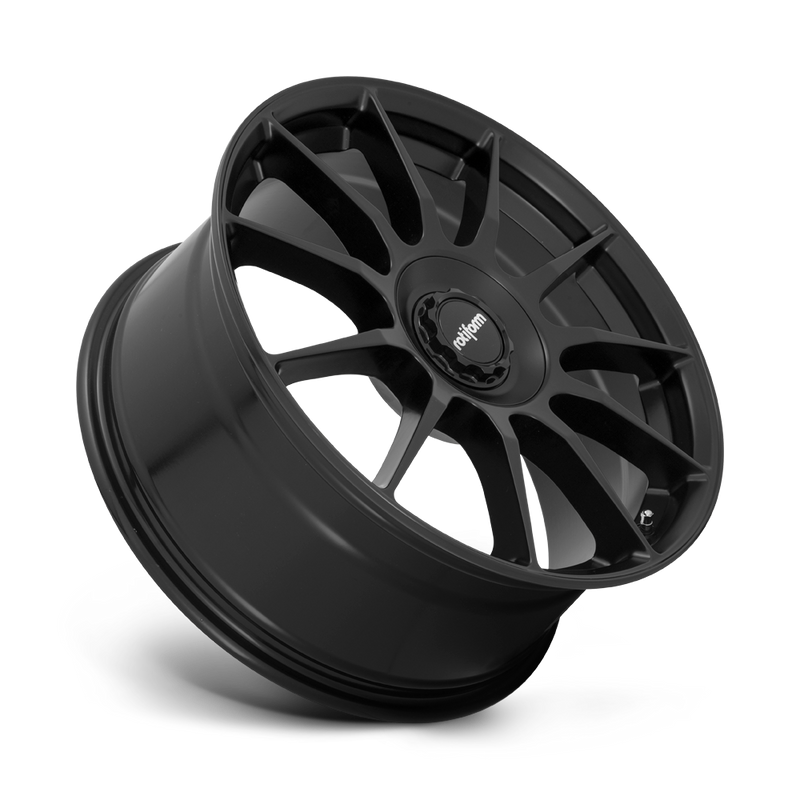 Tilted Side View Of A 19" Rotiform DTM Monoblock Cast Aluminum 11 Spoke Wheel In A Satin Black Finish