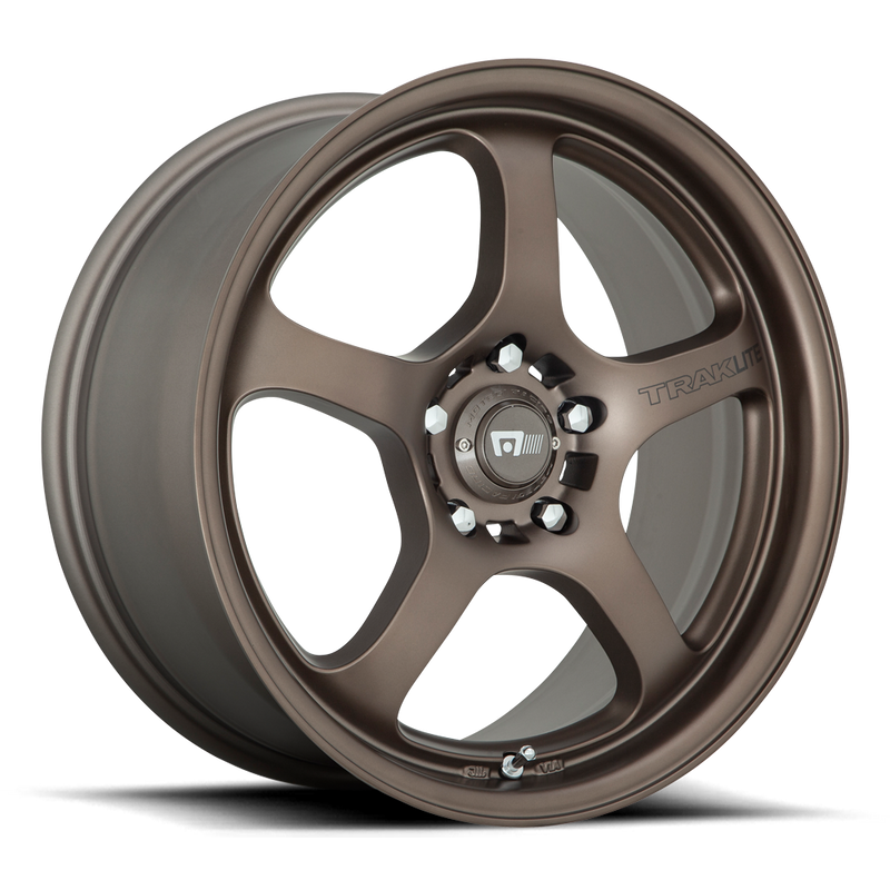 17" Motegi Racing Traklite Flow Formed Aluminum 5 Spoke Wheel In Matte Bronze With The Word Traklite Written On A Spoke